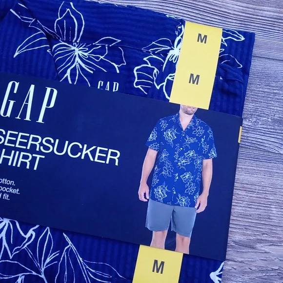 New Gap Seersucker Short Sleeve Striped Hawaiian Blue Button Up Shirt - Picture 4 of 10